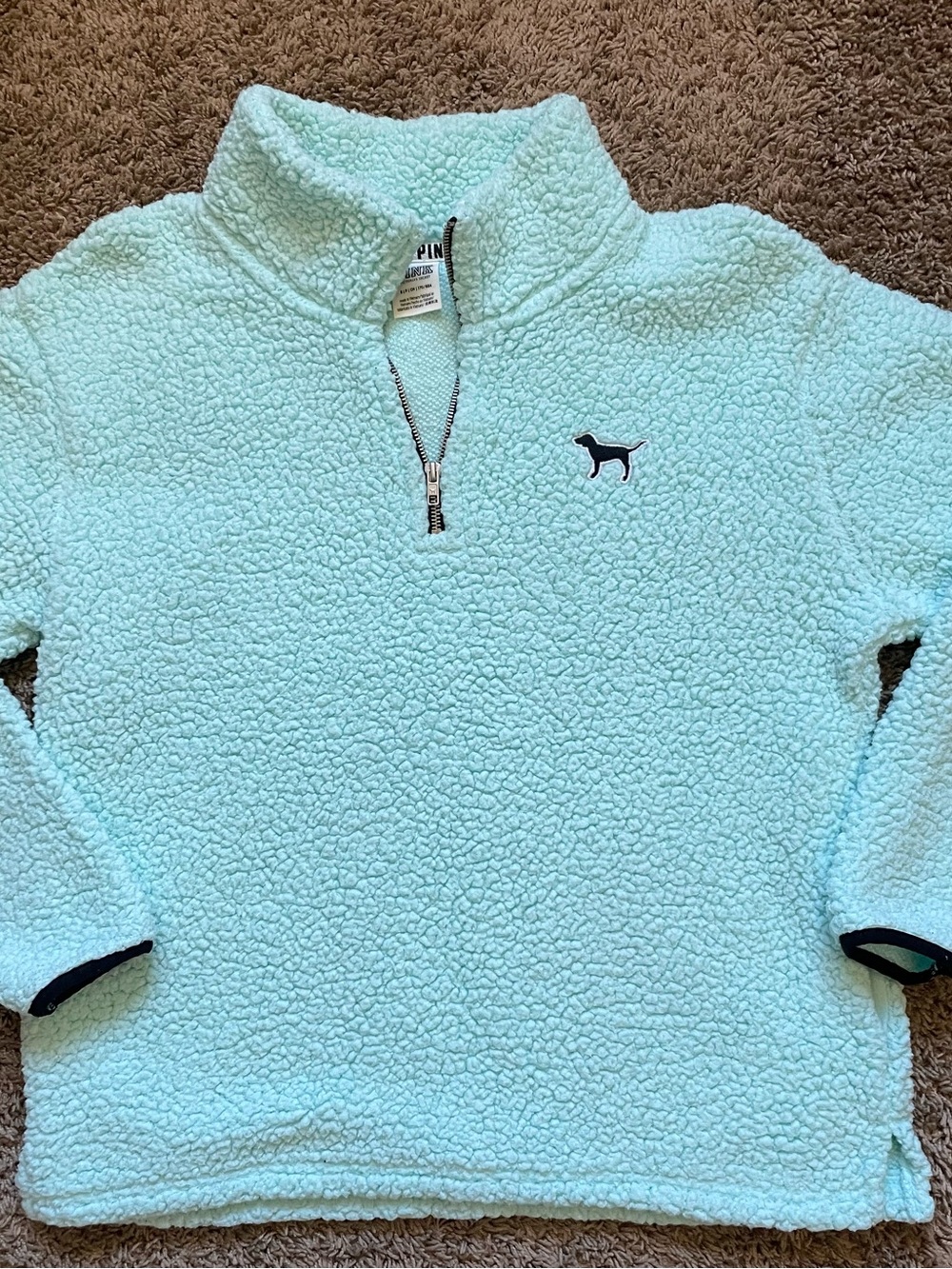 Victoria's Secret PINK Light Aqua Sherpa Pullover with Black Trim